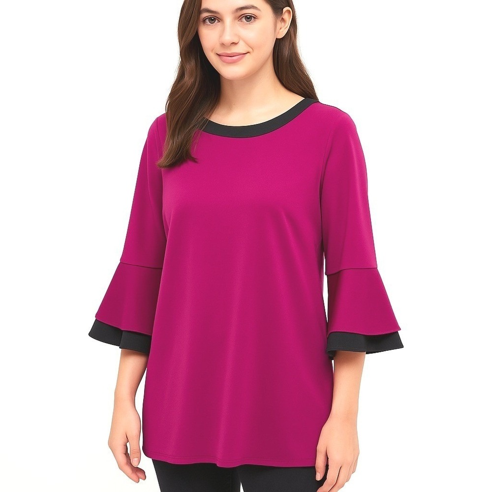 Slinky Brand Top Women Small Pink Black Bell Sleeve Tunic Round Neck Stretch